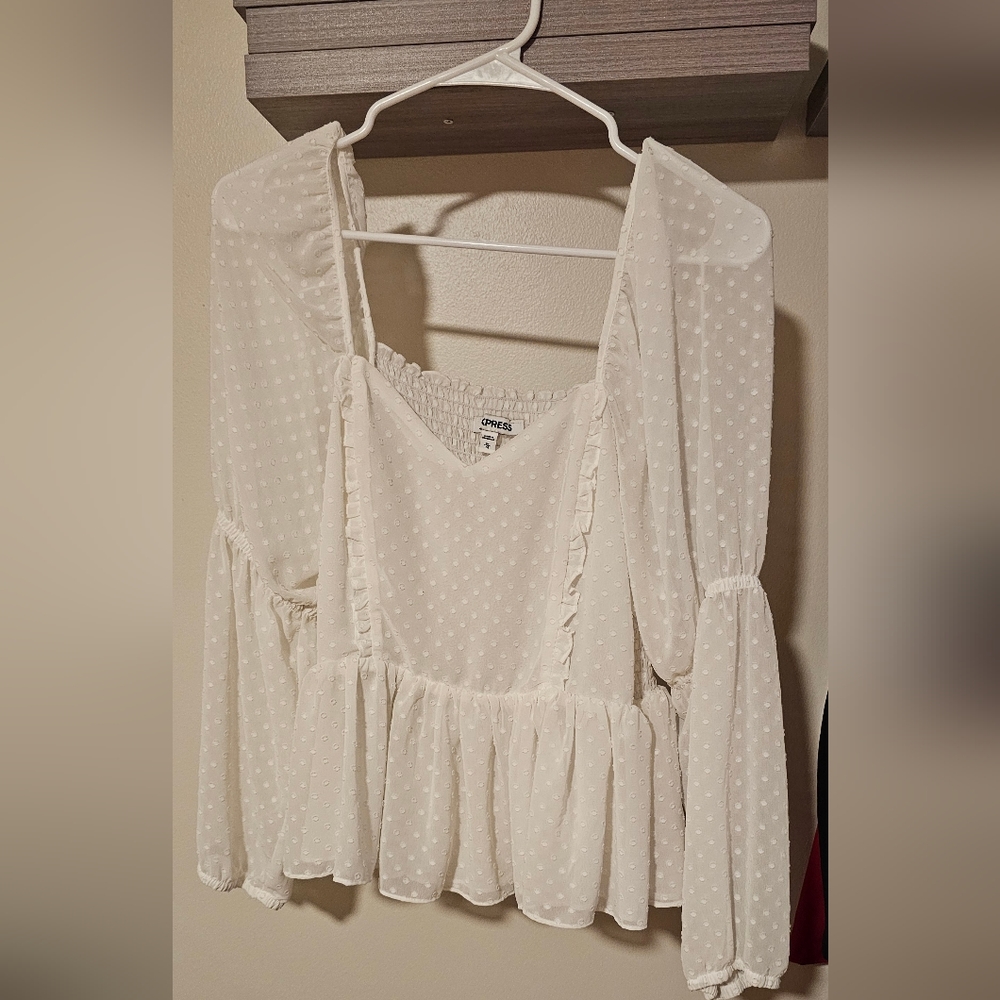 Express White Swiss Dotted Long Sleeve Blouse